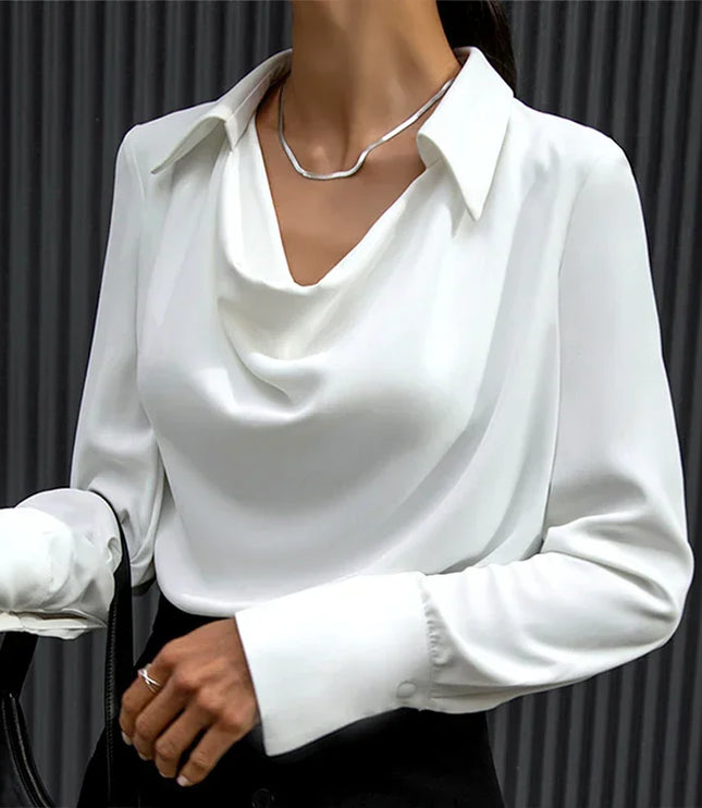Damska Bluzka z Draperyjnym Kołnierzem Długi Rękaw Elegancka