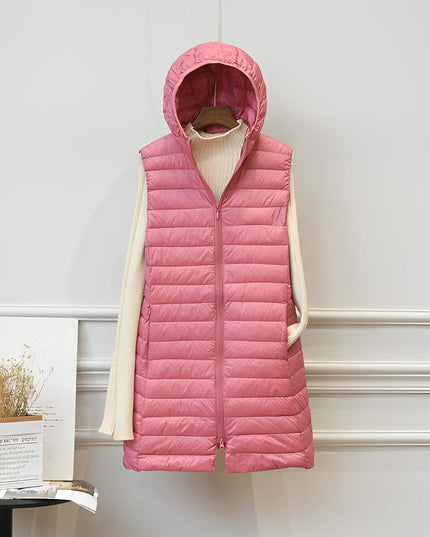 Wollmantel Damen Ärmellose Lange Steppweste mit Kapuze - Rosa