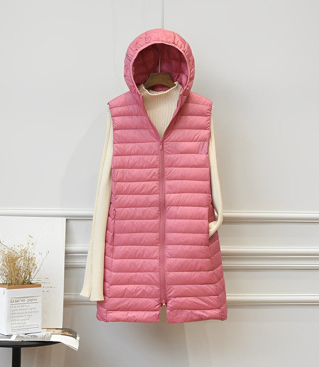 Wollmantel Damen Ärmellose Lange Steppweste mit Kapuze - Rosa
