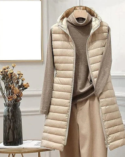 Wollmantel Damen Ärmellose Lange Steppweste mit Kapuze - Khaki
