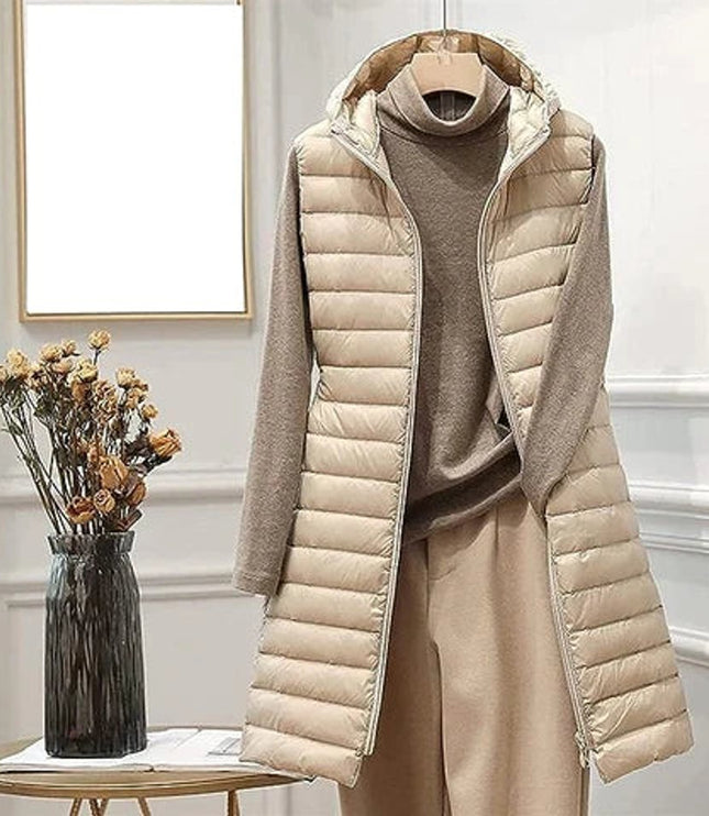 Wollmantel Damen Ärmellose Lange Steppweste mit Kapuze - Khaki