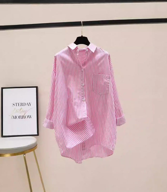 Damska Koszula Oversize w Paski z Długim Rękawem Casual