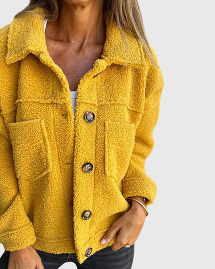 Women's Jacket Cozy Button-Front Sherpa Fleece Coat - Yellow