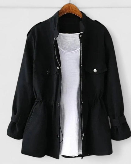 Women's Coat Drawstring-Waist Utility Jacket Snap-Pocket - Black