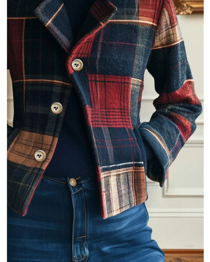 Women's Plaid Patchwork Single-Breasted Wool-Blend Jacket