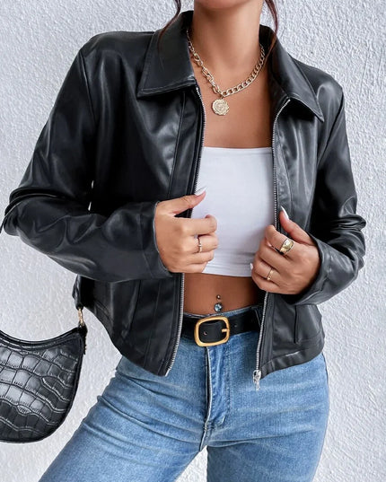 Black Cropped Leather Jacket with Collar and Chest Pocket