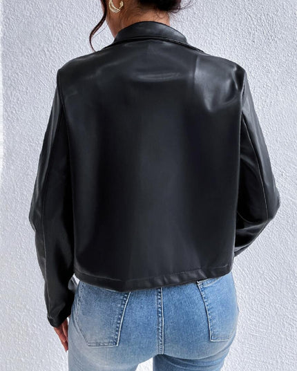 Black Cropped Leather Jacket with Collar and Chest Pocket