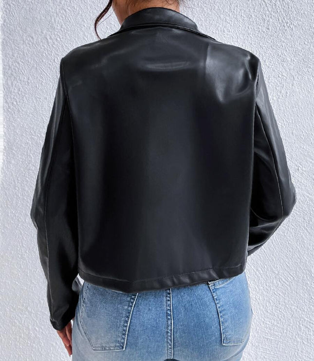 Black Cropped Leather Jacket with Collar and Chest Pocket