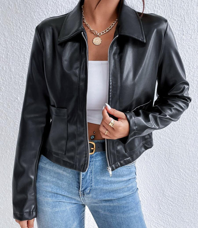 Black Cropped Leather Jacket with Collar and Chest Pocket