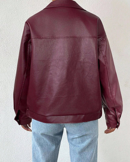 Oversized Leather Jacket with Drop Shoulder and Collar
