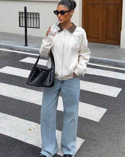 Oversized Leather Jacket with Drop Shoulder and Collar