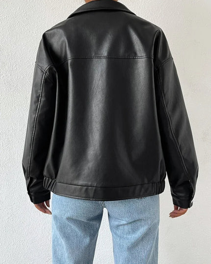 Oversized Leather Jacket with Drop Shoulder and Collar