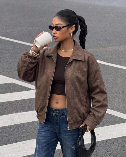 Oversized Leather Jacket with Drop Shoulder and Collar