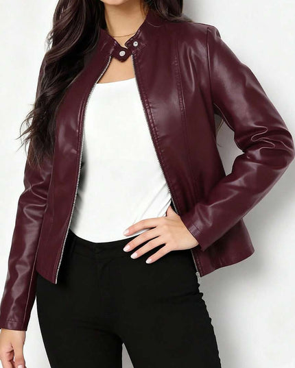 Fitted Leather Biker Jacket with Stand Collar and Panel Seams