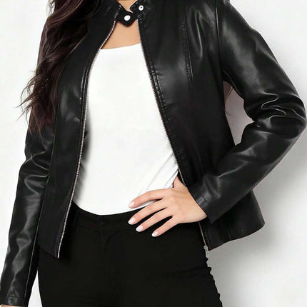 Fitted Leather Biker Jacket with Stand Collar and Panel Seams