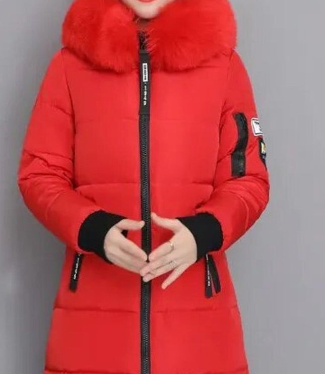 Wintermantel Damen Langer Parka Pelzkragen Kapuze Wattiert - Rot