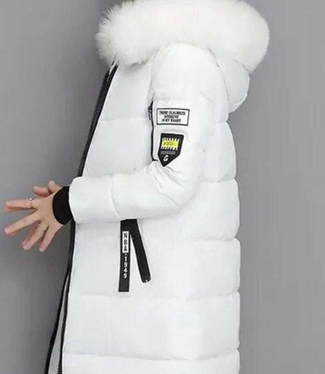 Wintermantel Damen Langer Parka Pelzkragen Kapuze Wattiert - Weiß