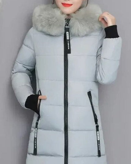 Wintermantel Damen Langer Parka Pelzkragen Kapuze Wattiert - Grau