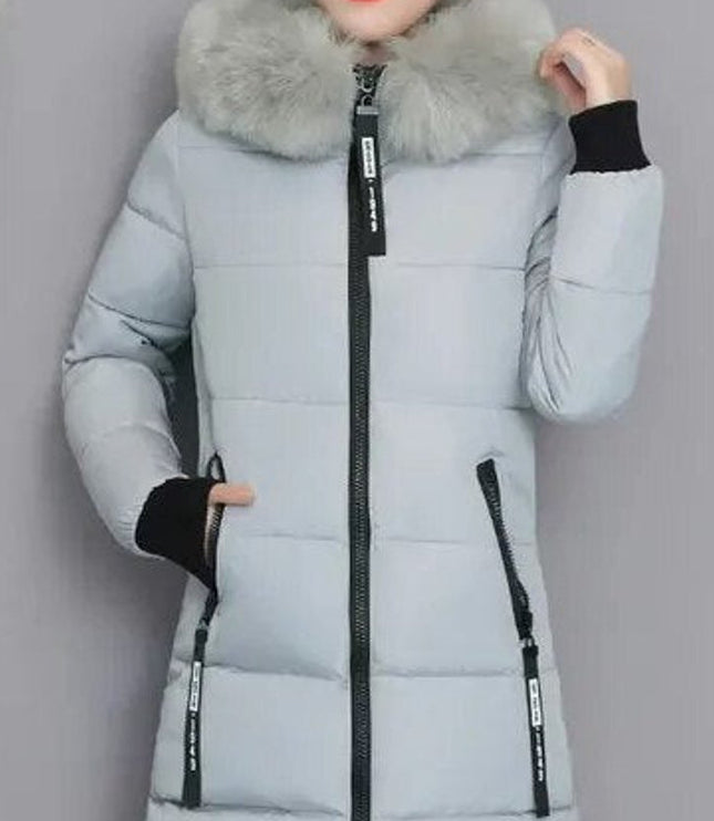 Wintermantel Damen Langer Parka Pelzkragen Kapuze Wattiert - Grau