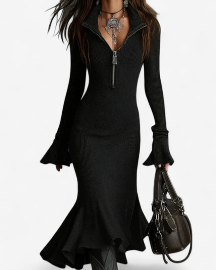 Wren | Women's Knit Sweater Dress with Zip Collar - Dark Grey - Image 4