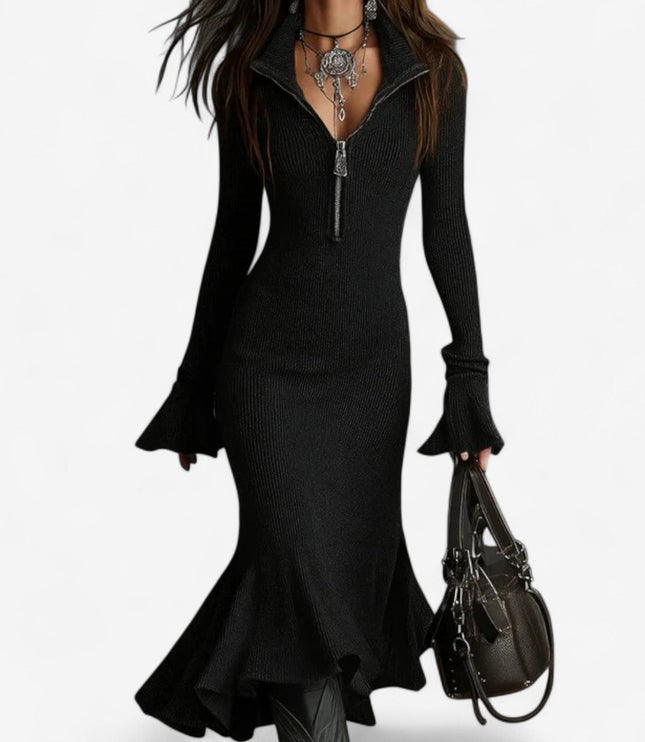 Wren | Women's Knit Sweater Dress with Zip Collar - Dark Grey - Image 4