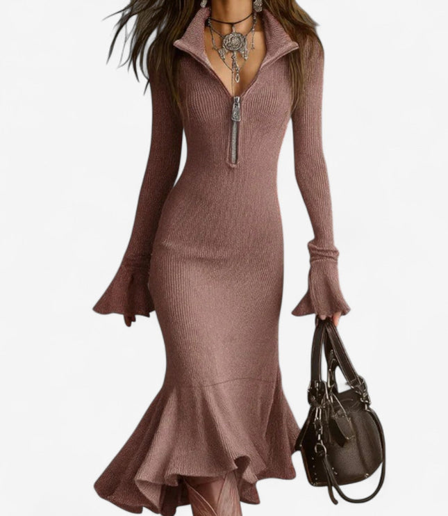 Wren | Women's Knit Sweater Dress with Zip Collar - Dark Grey - Image 5
