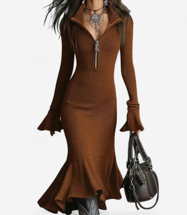 Wren | Women's Knit Sweater Dress with Zip Collar - Dark Grey - Image 6