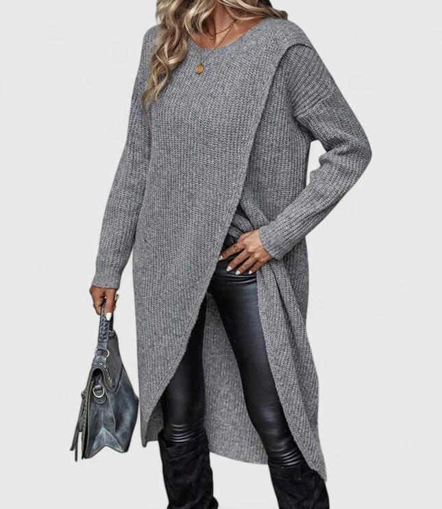 Darina | Women's Knit Sweater Dress with Wrap Hem - Grey - Image 5
