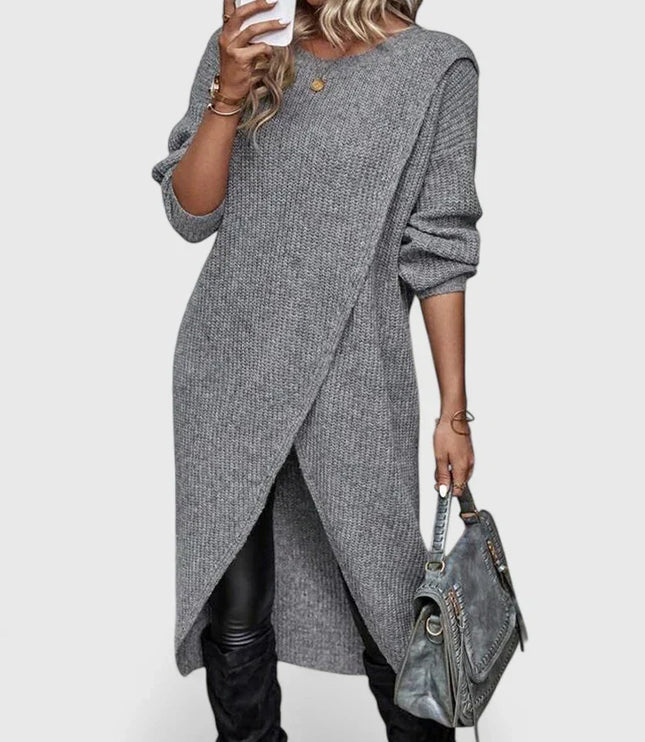 Darina | Women's Knit Sweater Dress with Wrap Hem - Grey - Image 1