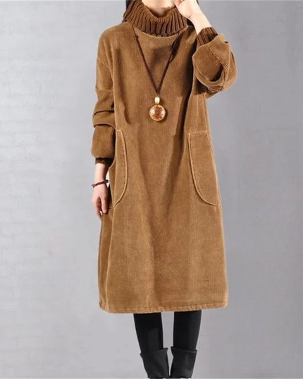 Delia | Women's Knit Sweater Dress Turtleneck Midi - Camel - Image 8