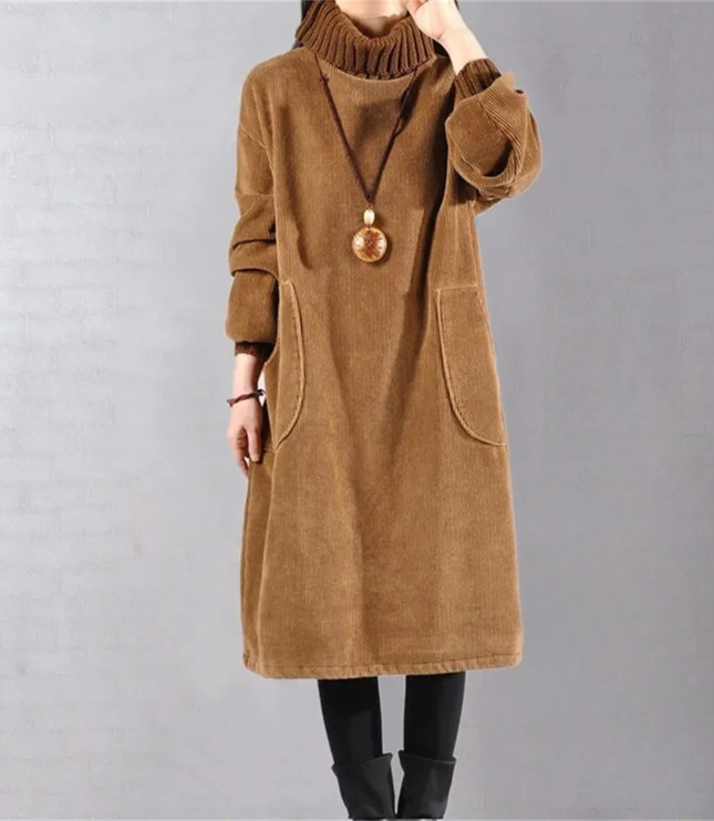 Delia | Women's Knit Sweater Dress Turtleneck Midi - Camel - Image 8