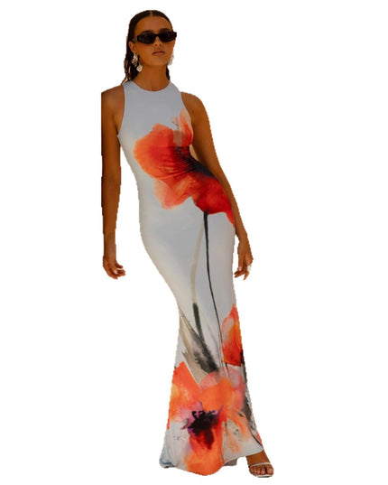 Damska Sukienka Maxi Bez Rękawów w Kwiaty Bodycon Letnia
