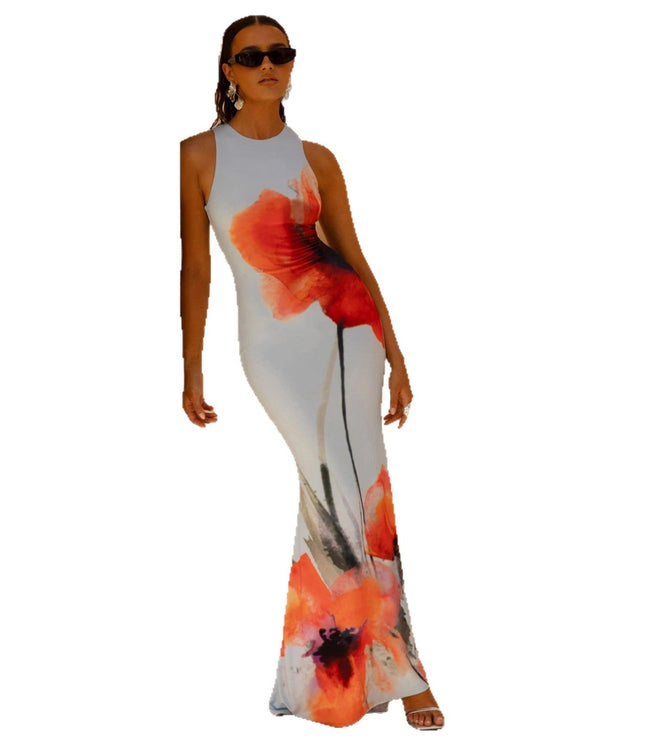 Damska Sukienka Maxi Bez Rękawów w Kwiaty Bodycon Letnia