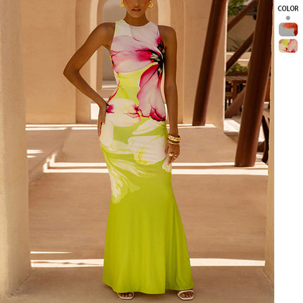Damska Sukienka Maxi Bez Rękawów w Kwiaty Bodycon Letnia