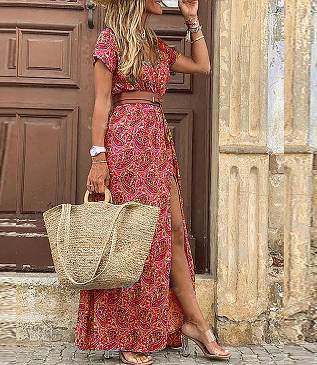 Damska Sukienka Boho Maxi z Paskiem Zwiewna Letnia