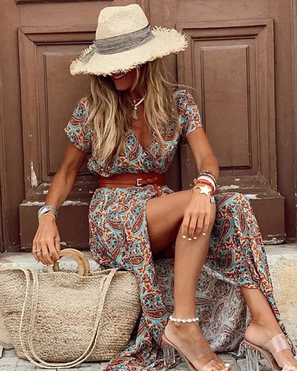 Damska Sukienka Boho Maxi z Paskiem Zwiewna Letnia