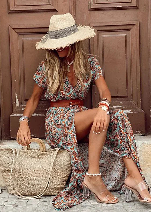 Damska Sukienka Boho Maxi z Paskiem Zwiewna Letnia
