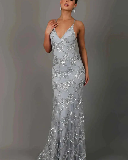 Damska Sukienka Maxi Cekinowa V-Neck na Ramiączkach