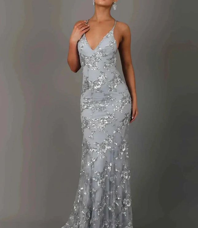 Damska Sukienka Maxi Cekinowa V-Neck na Ramiączkach