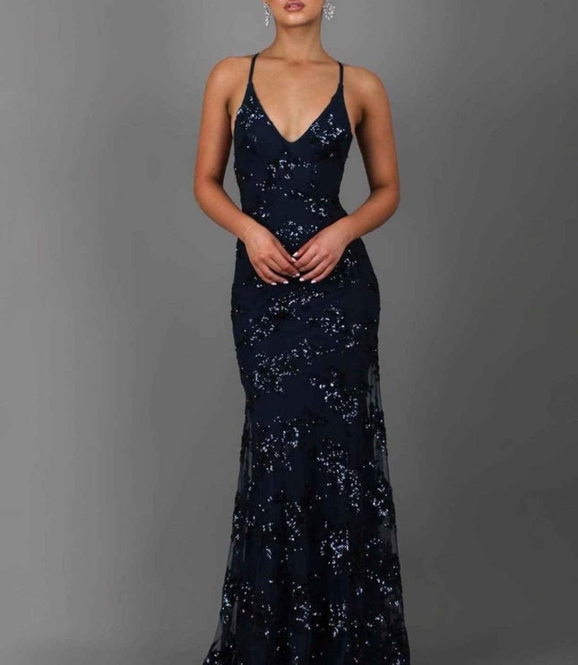 Damska Sukienka Maxi Cekinowa V-Neck na Ramiączkach