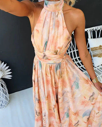 Damska Sukienka Maxi Halter Abstrakcyjny Print Brzoskwiniowa