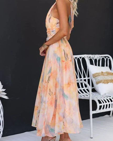 Damska Sukienka Maxi Halter Abstrakcyjny Print Brzoskwiniowa
