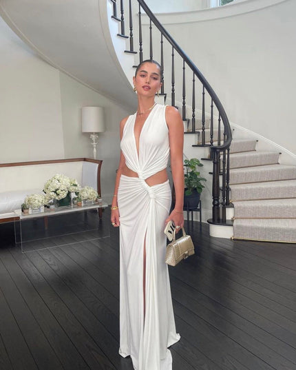 Damska Sukienka Maxi V-Neck z Wycięciem i Rozcięciem