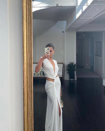 Damska Sukienka Maxi V-Neck z Wycięciem i Rozcięciem