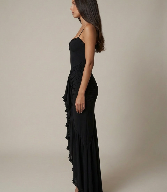 Damska Sukienka Maxi Elegancka z Falbaną Wieczorowa