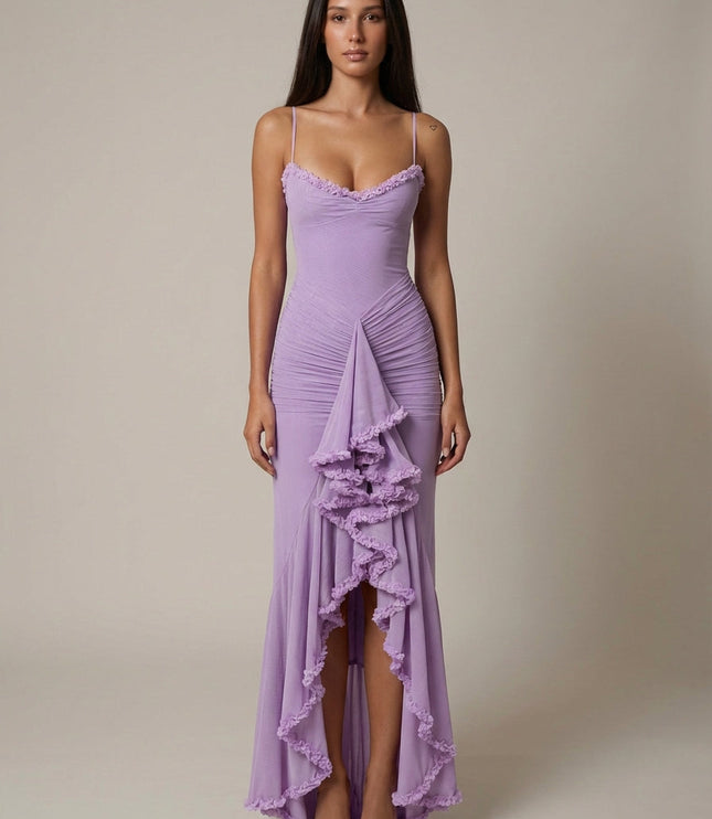Damska Sukienka Maxi Elegancka z Falbaną Wieczorowa