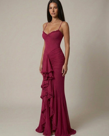 Damska Sukienka Maxi Elegancka z Falbaną Wieczorowa