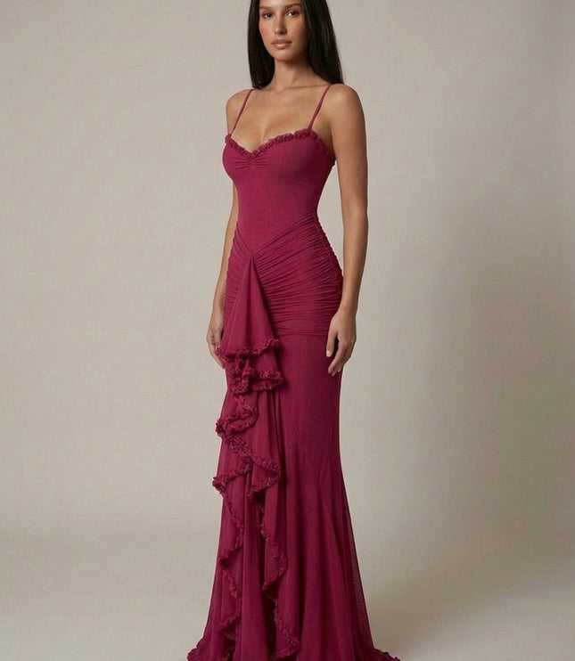Damska Sukienka Maxi Elegancka z Falbaną Wieczorowa