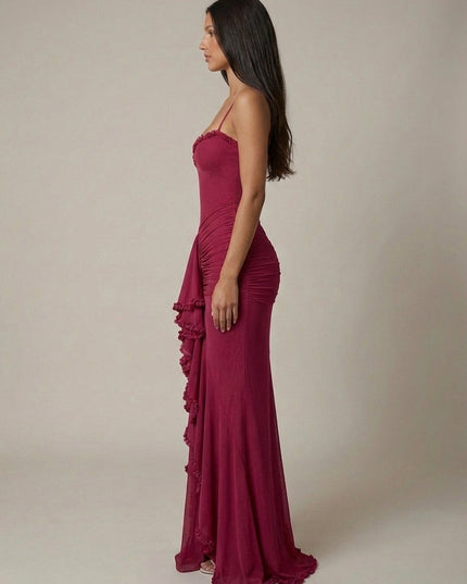 Damska Sukienka Maxi Elegancka z Falbaną Wieczorowa