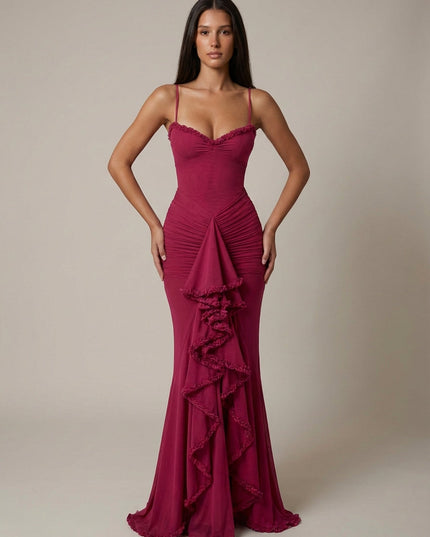 Damska Sukienka Maxi Elegancka z Falbaną Wieczorowa